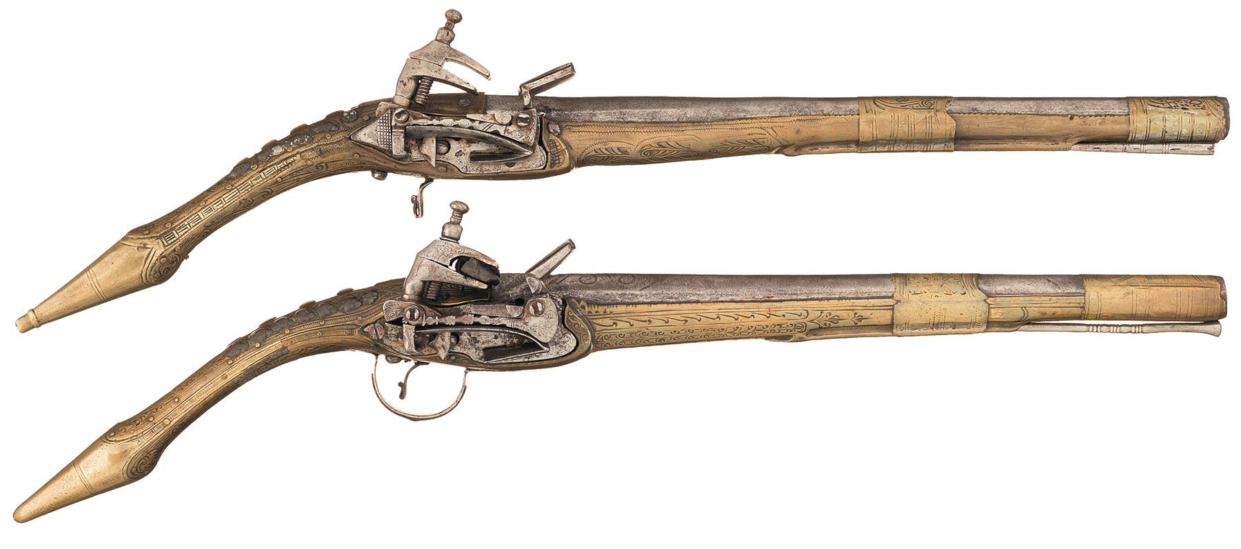 Two Ornate Brass Stocked 'Rat Tail' Miquelet Pistols | Rock Island 