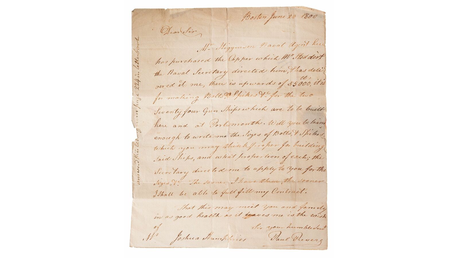 Letter from Paul Revere to Joshua Humphreys Rock Island Auction