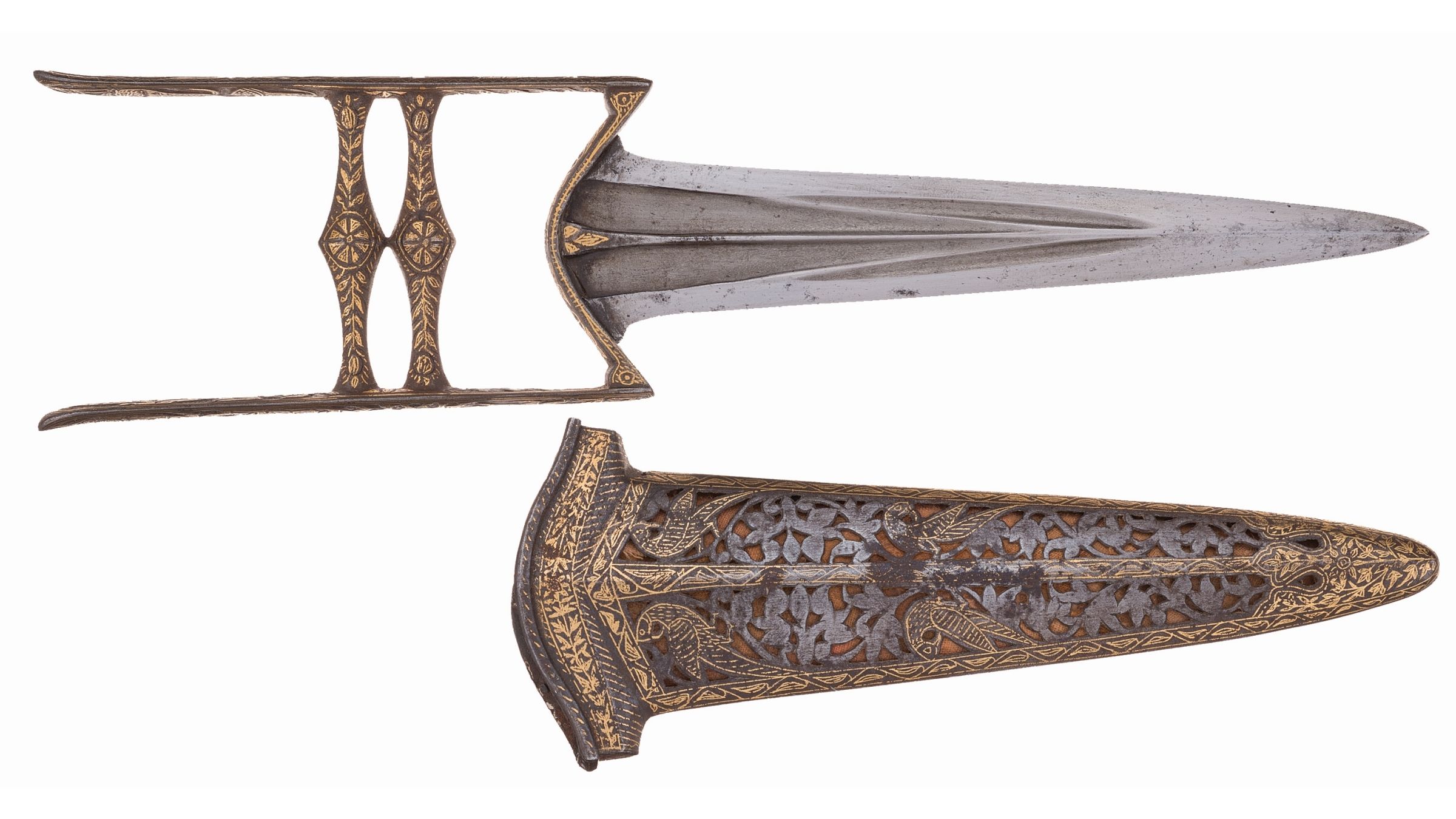 Engraved & Gold Damascene Katar Punching Dagger with Sheath | Rock