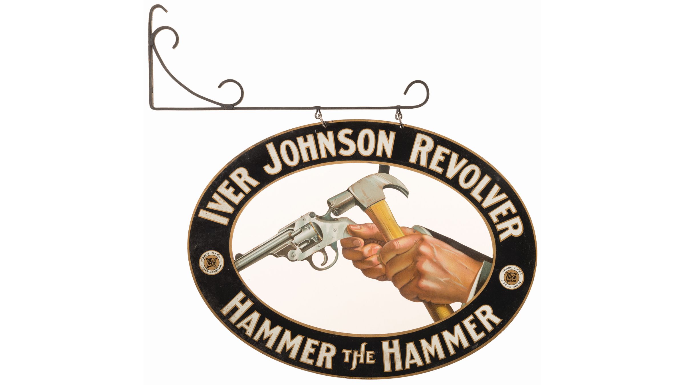Iver Johnson Hammer the Hammer Metal Advertising Sign Rock Island Auction