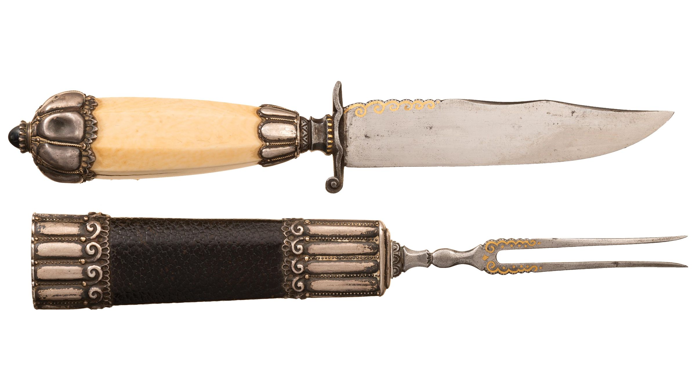 Attractive Gold Inlaid Antique Knife and Fork with Sheath Rock Island