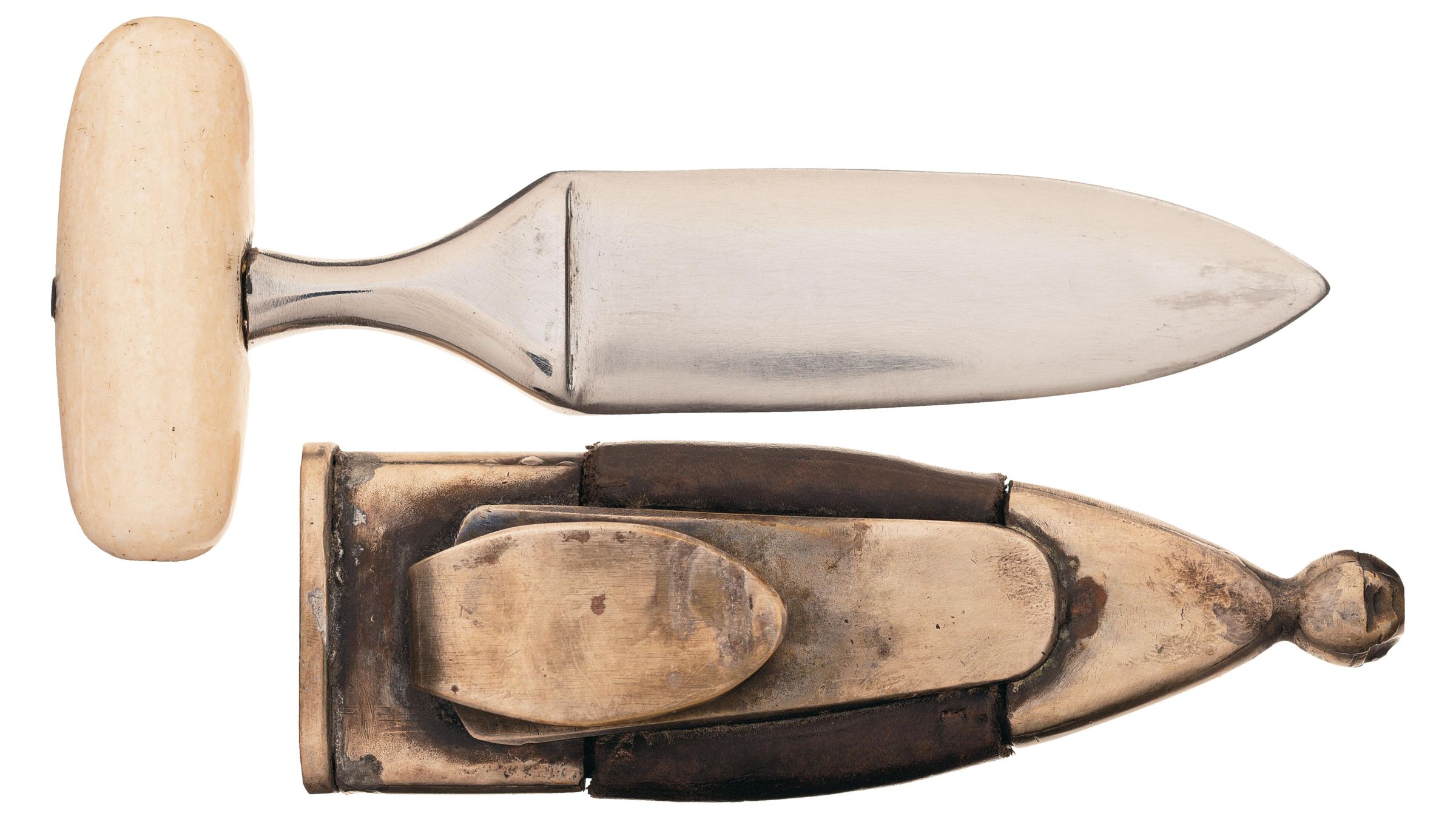 Unmarked Antique Push Dagger with Bone Handle and Sheath Rock Island