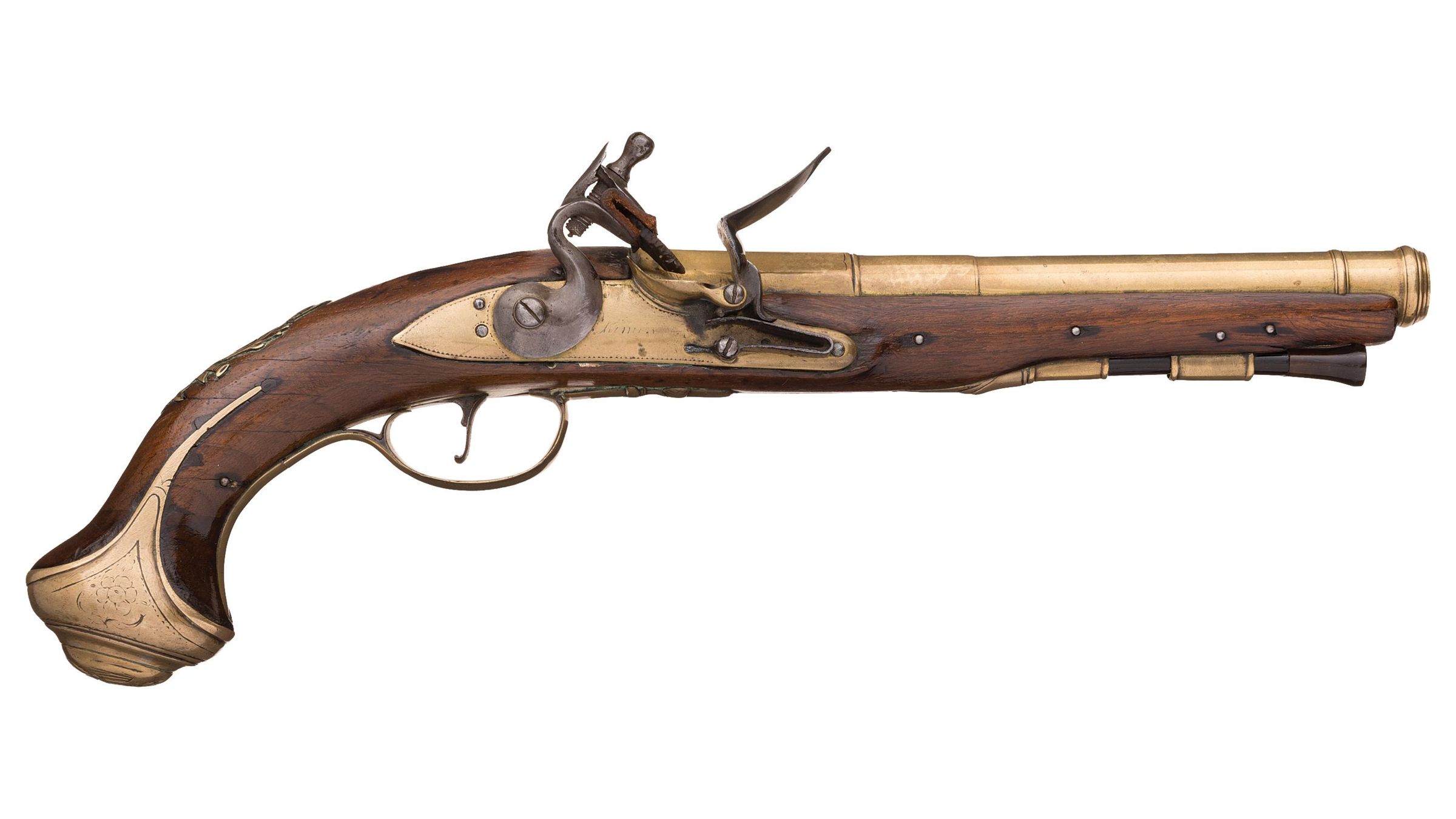 English Flintlock Pistol with Brass Lock and Cannon Barrel Rock