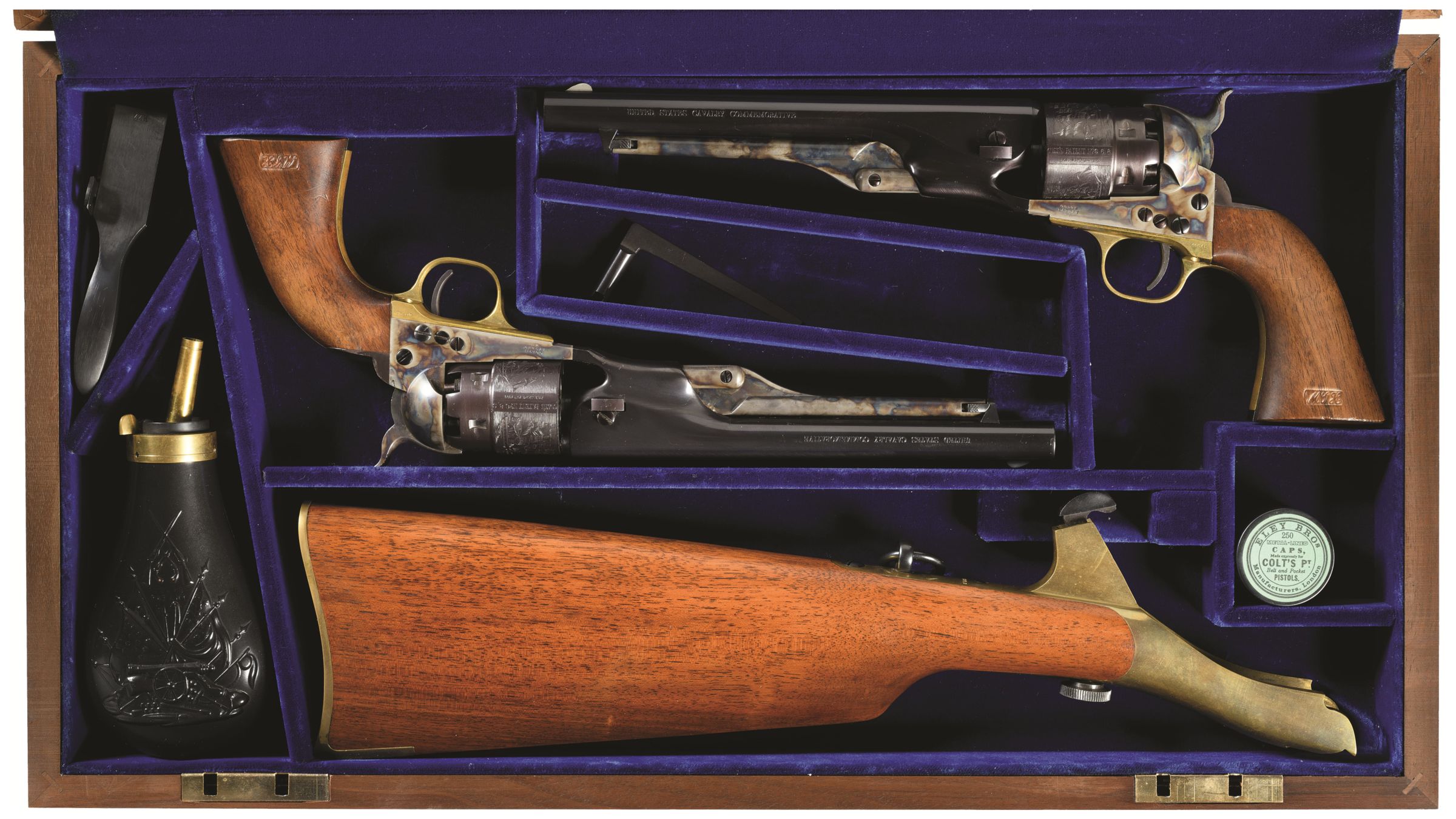 U.S. Cavalry 200th Anniversary Colt 2-gun set. Cased pair of 1860 Army black  powder revolvers with one buttstock and accessories (com824)