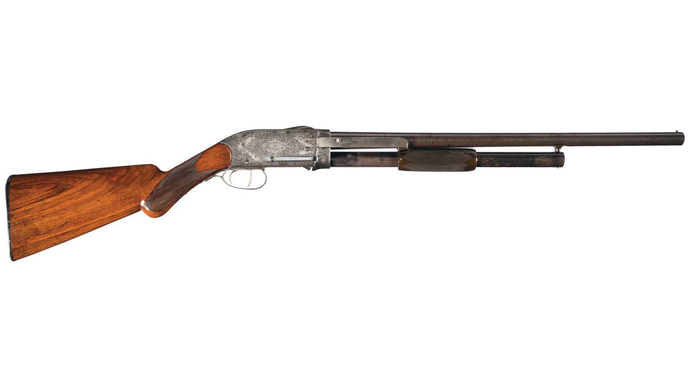 L.D. Nimschke Engraved Spencer Arms Slide Action Shotgun | Rock