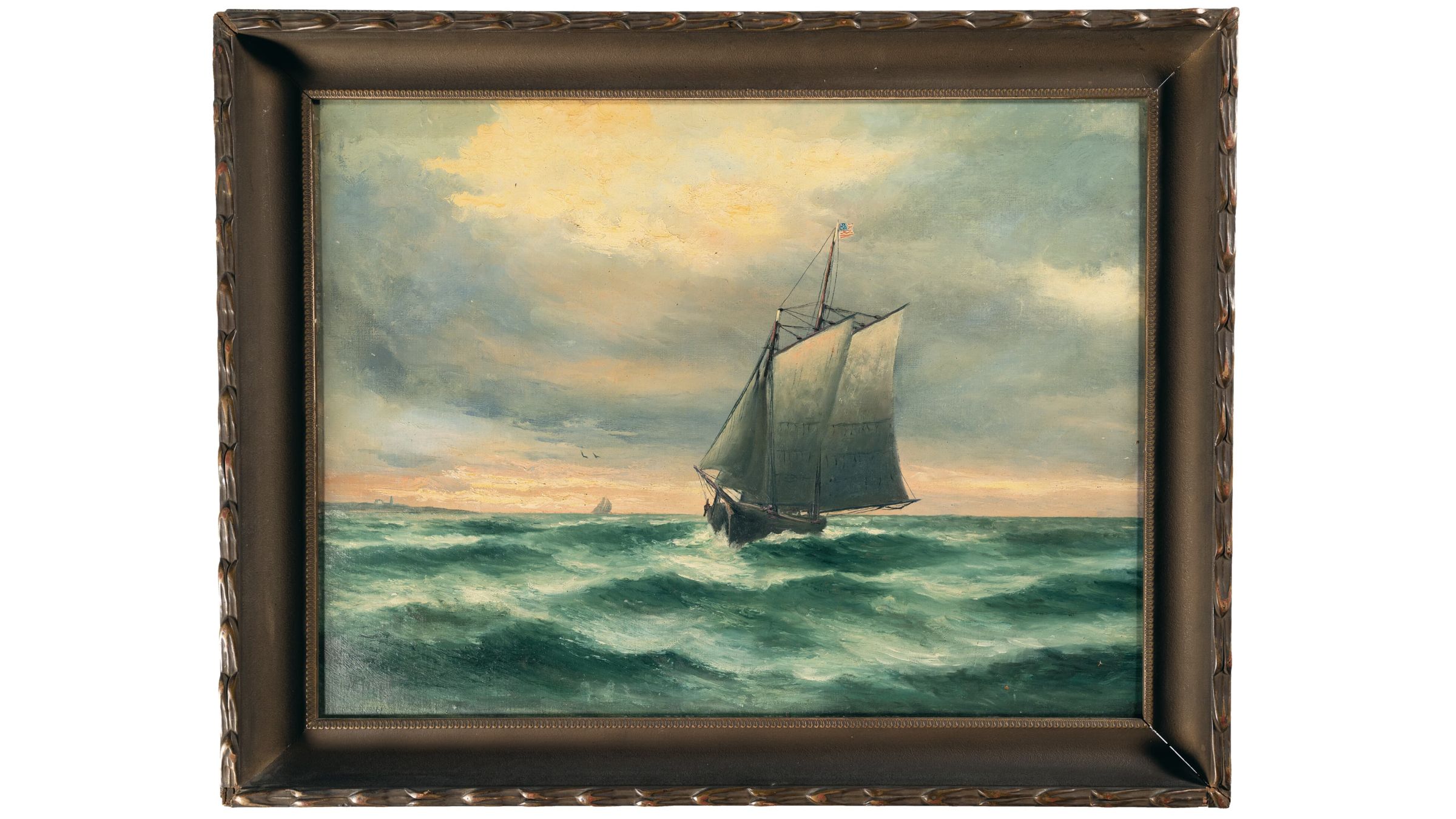Framed Ship Seascape Painting by Morrell Rock Island Auction