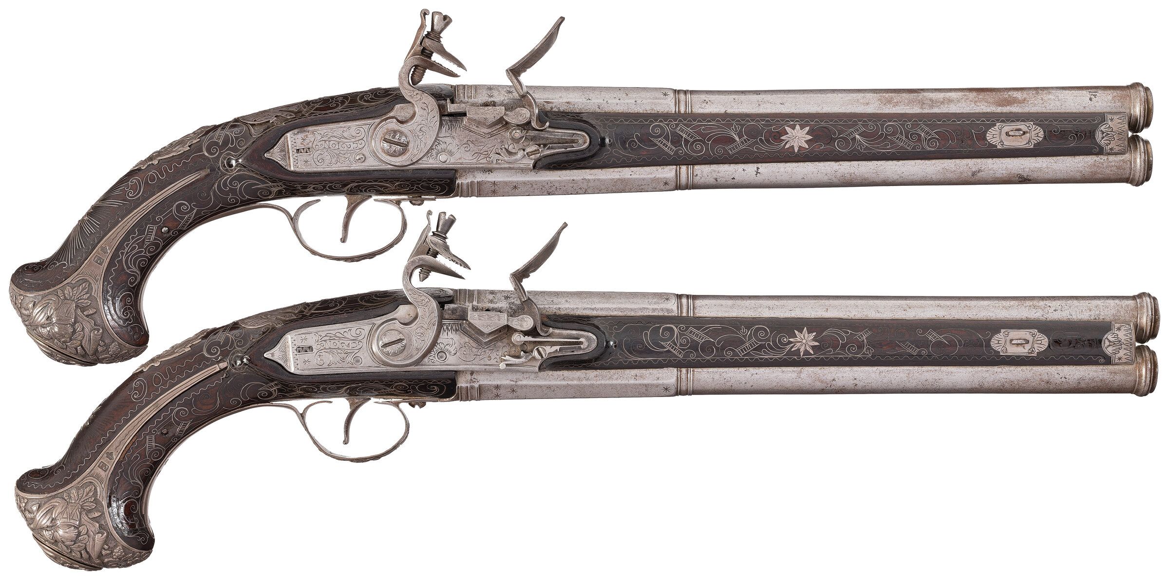 Silver Mounted Pair of Over/Under Flintlock Pistols | Rock Island Auction
