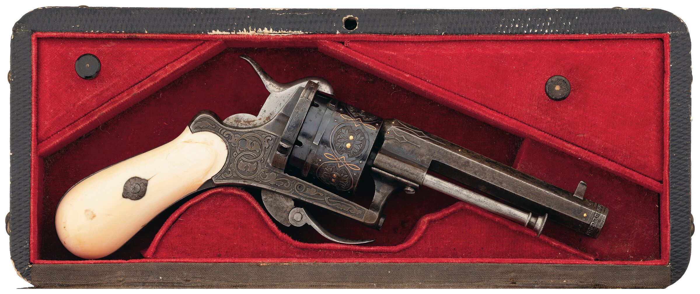 Cased Engraved Silver And Gold Inlaid European Pinfire Revolver Rock Island Auction 9451