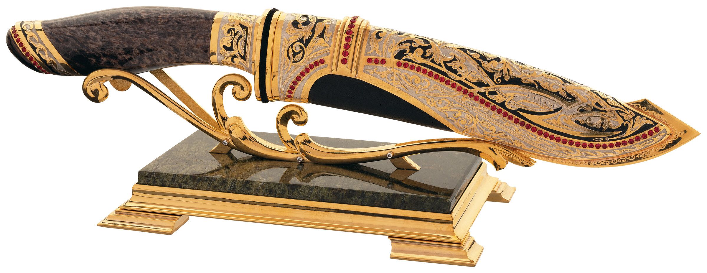 Gold and Stone Inlaid Zlatoust Knife with Sheath and Stand Rock
