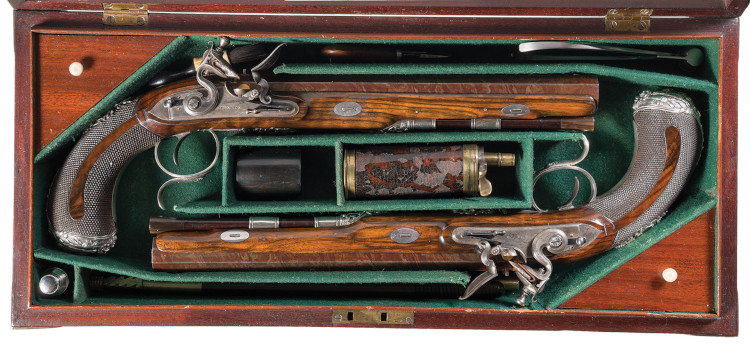 Pair of Flintlock Dueling Pistols with Case and Accessories, c