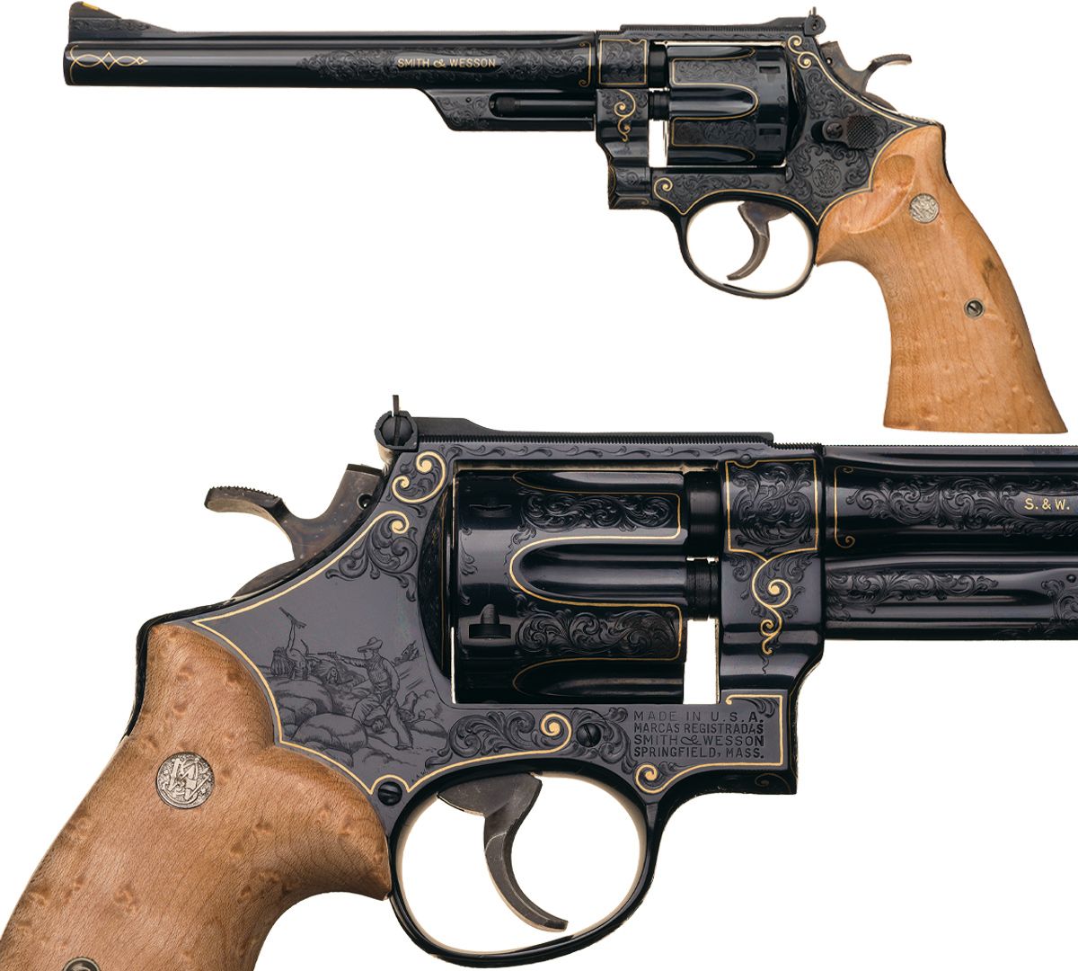 Extraordinary Consecutively Serialized Pair of Documented Alvin White Signed Wild West Themed Master Engraved and Gold Inlaid Smith & Wesson Model 27-2 Double Action Revolvers -A) Smith & Wesson Model 27-2 Revolver