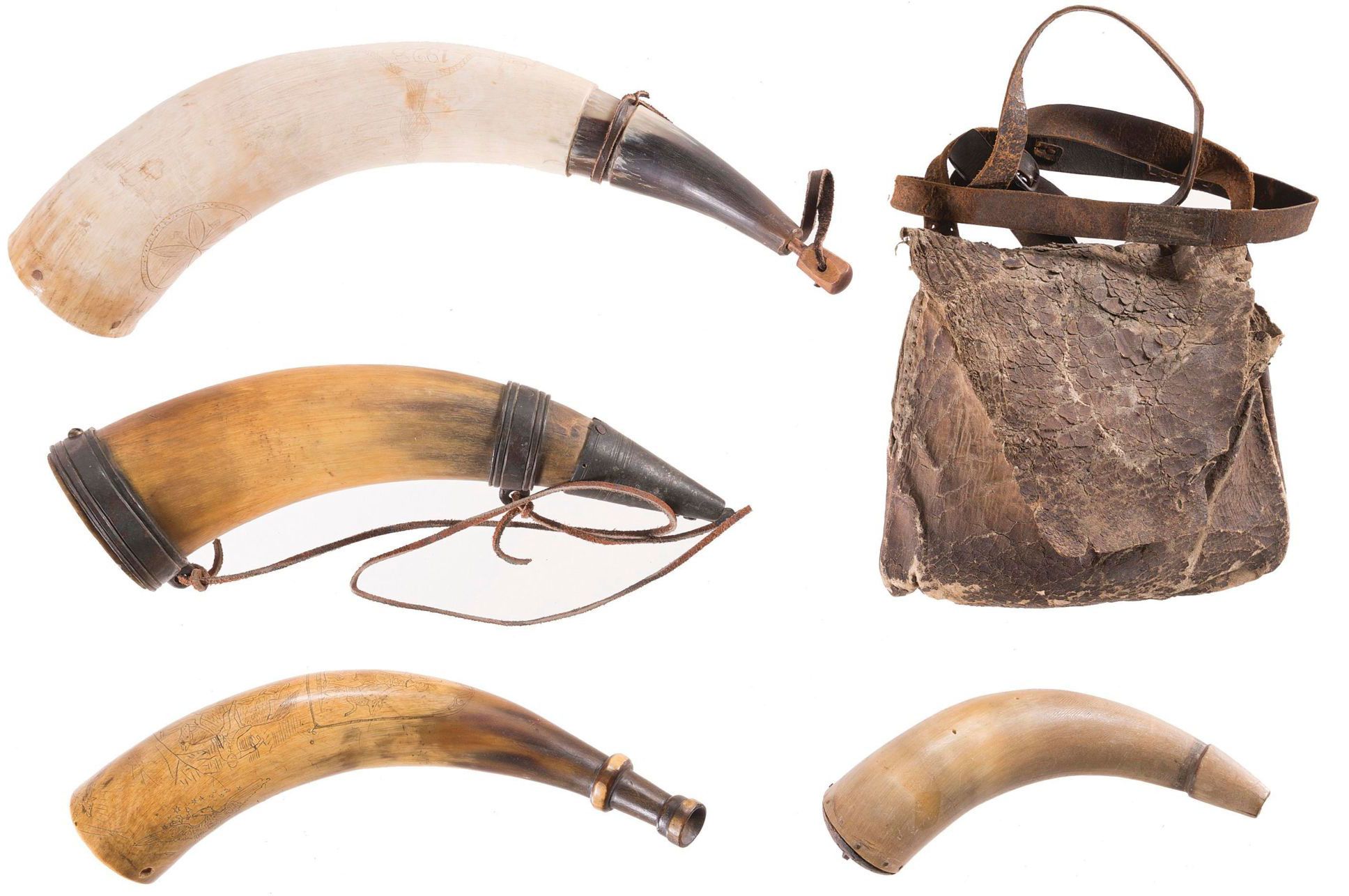 Lot 446: Four Powder Horns and a Leather Pouch