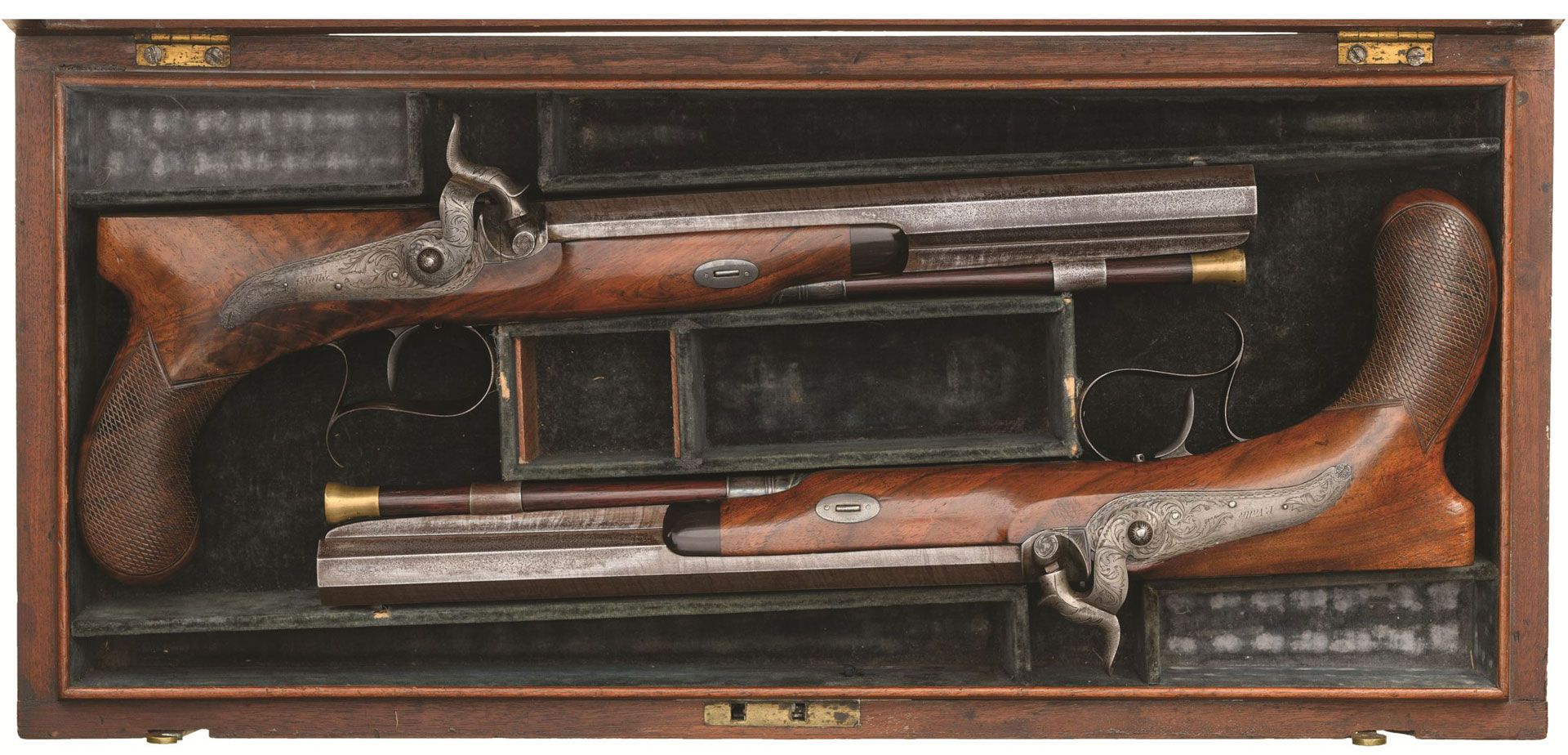 Rare-Cased-Pair-of-American-P.-Vallee-Philadelphia-Marked-Engraved-and-Gold-Inlaid-Saw-Handle-Percussion-Dueling-Pistols-with-Inscribed-Case-1