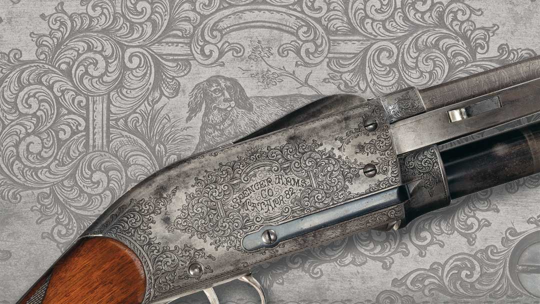 Nimschke-signed-panel-scene-engraved-Spencer-Arms-slide-action-shotgun
