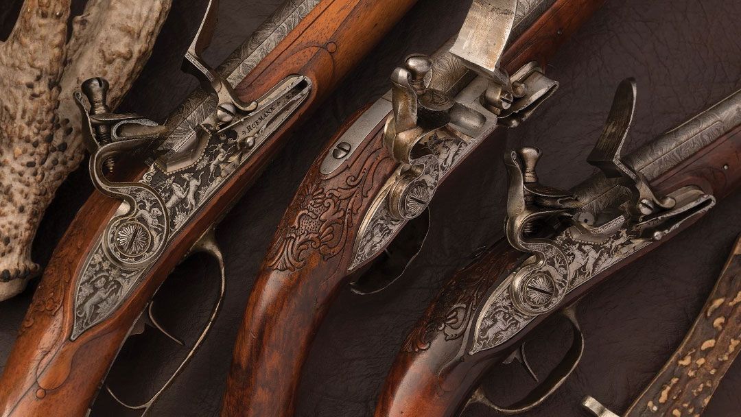 a-dukes-1733-dated-matched-set-of-three-flintlock-firearms