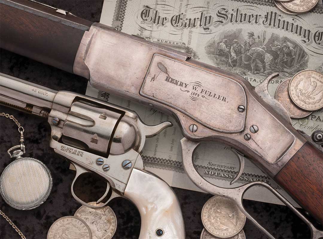 A-factory-silver-plated-Winchester-First-Model-1873-lever-action-in-the-popular-cowboy-caliber-of-.44-WCF