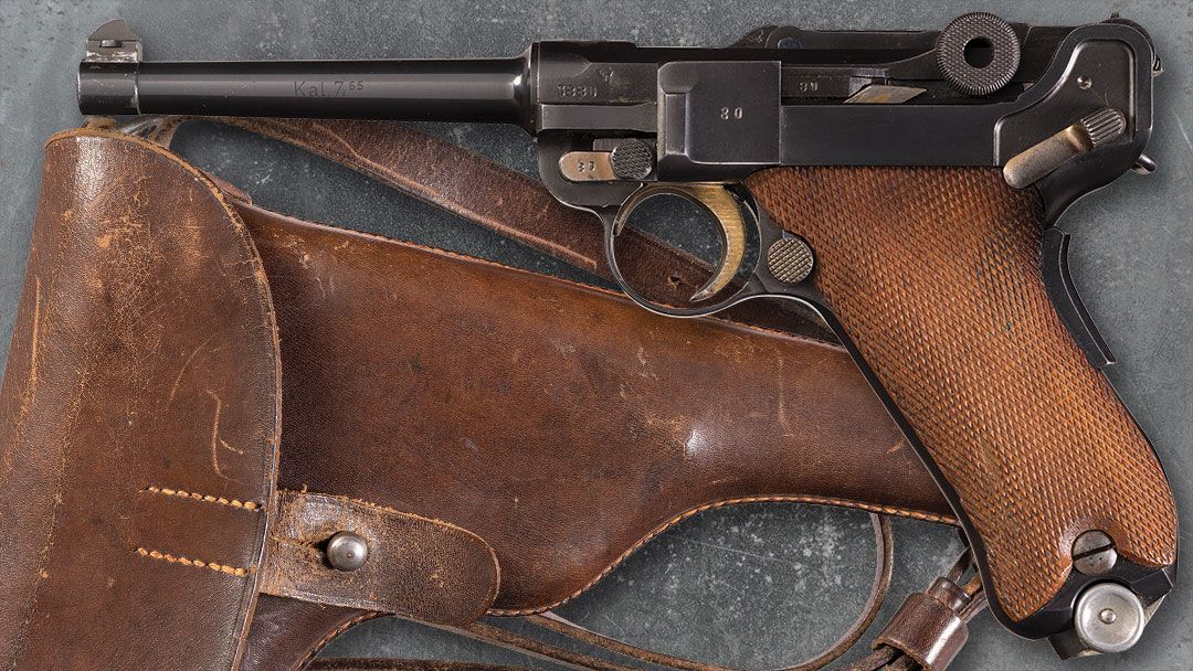 Rare-Mauser-Banner-Model-1906-34-Swiss-Contract-Luger-Semi-Automatic-Pistol-with-Matching-Magazine-and-Holster