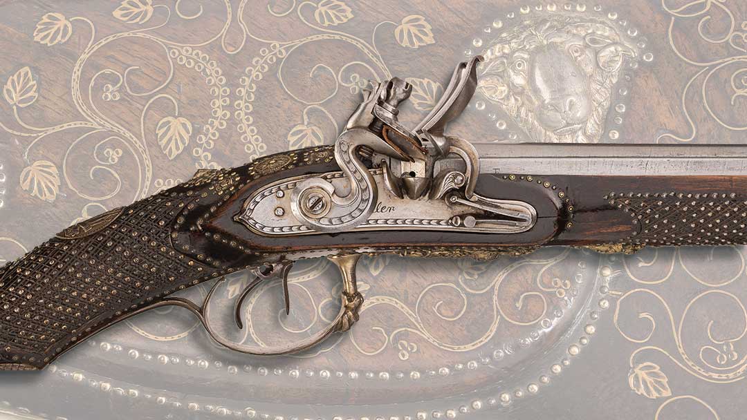 Elaborate-Sailer-of-Ehingen-Double-Barrel-Flintlock-Shotgun-with-Relief-Cast-Gilt-Silver-Plated-Mounts