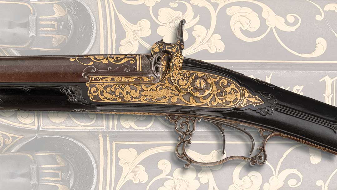 Exhibition-Quality-Grape-Relief-Chiseled-and-Extensively-Gold-Inlaid-Plomdeur-Percussion-Double-Barrel-Shotgun-with-Raised-Relief-Carved-Ebony-Stock