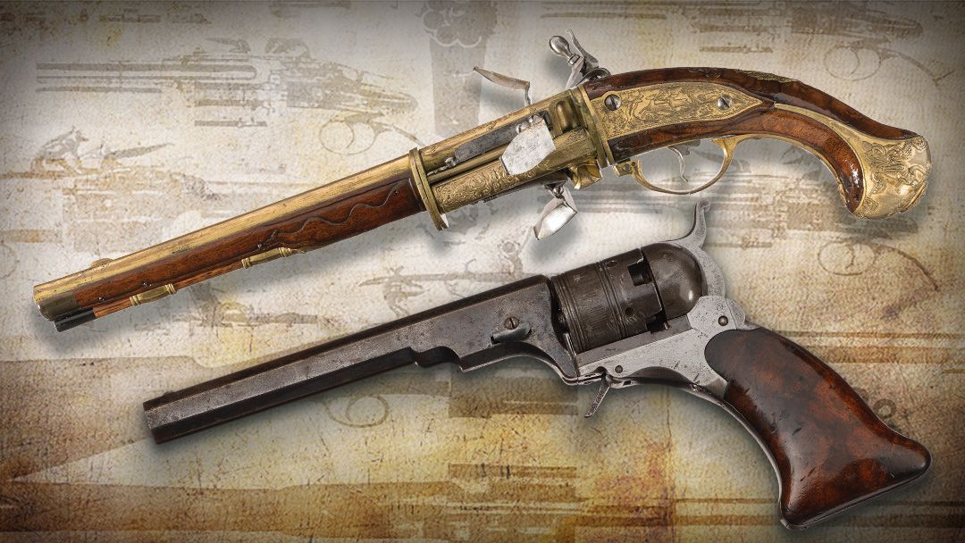 revolving-flintlock-pistol-by-johann-adam-knod-and-one-of-its-later-sucessors-the-Colt-Paterson-revolver