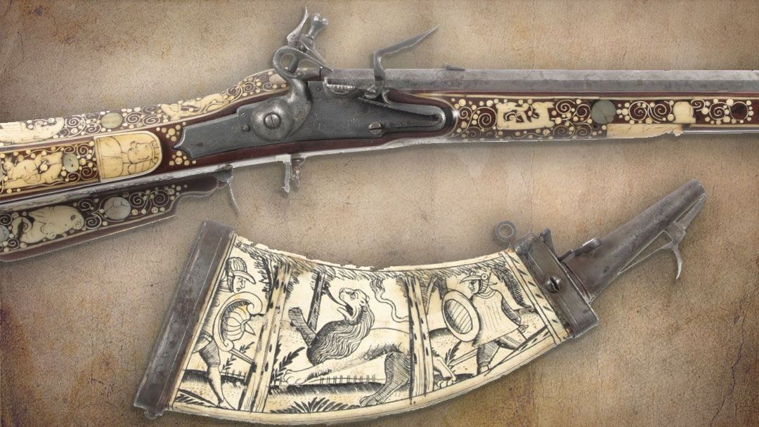 Scrimshaw decorated short flintlock with powder flask a must have rifle for a vintage arms collection
