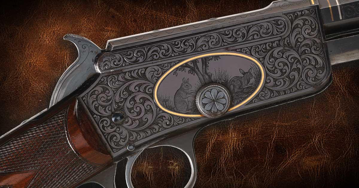 An-Ulrich-factory-master-engraved-gold-and-platinum-inlaid-deluxe-Marlin-Model-20-slide-action-takedown-rifle
