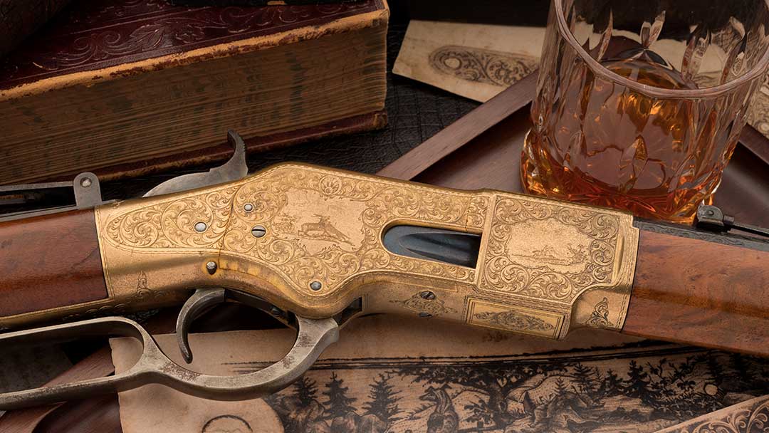 Extremely-Rare-Exhibition-Grade-Gustave-Young-Panel-Scene-Master-Factory-Engraved-Gold-Plated-Winchester-Model-1866-Lever-Action-Rifle