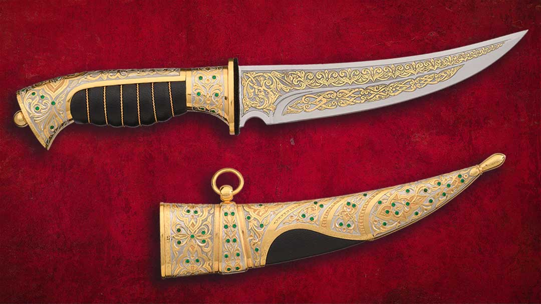 Gold-and-Stone-Inlaid-Zlatoust-Knife-with-Sheath-and-Stand