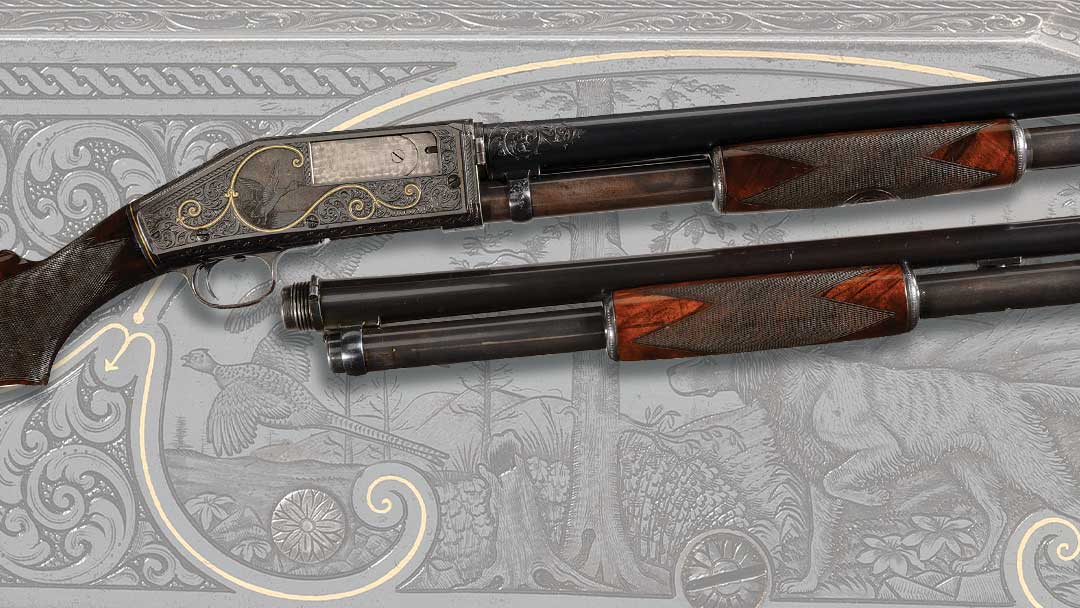Outstanding-Documented-Factory-Master-Engraved-and-Gold-Inlaid-Marlin-Model-28-Grade-D-Slide-Action-Shotgun-with-Extra-Barrel
