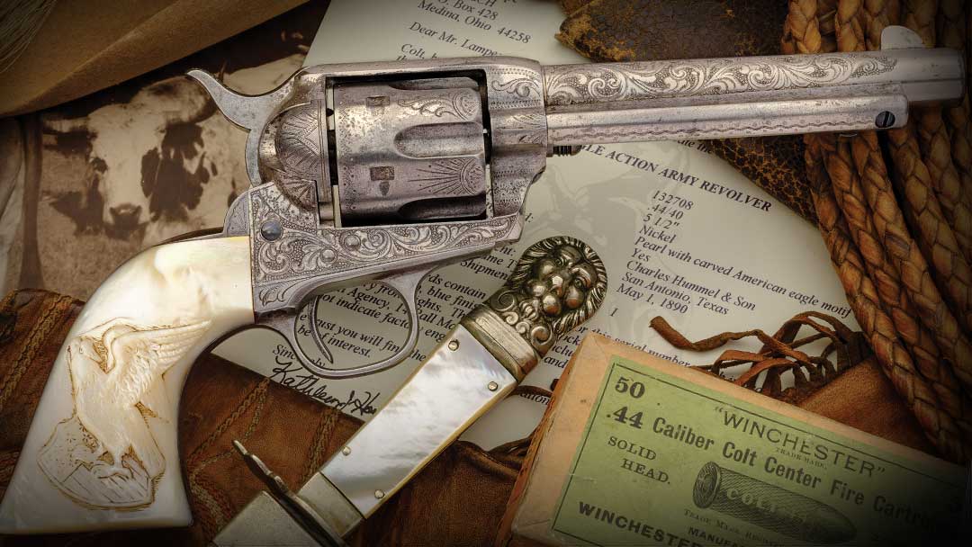 A Texas shipped factory engraved antique Colt Frontier Six Shooter SAA with factory relief carved eagle pearl grips.