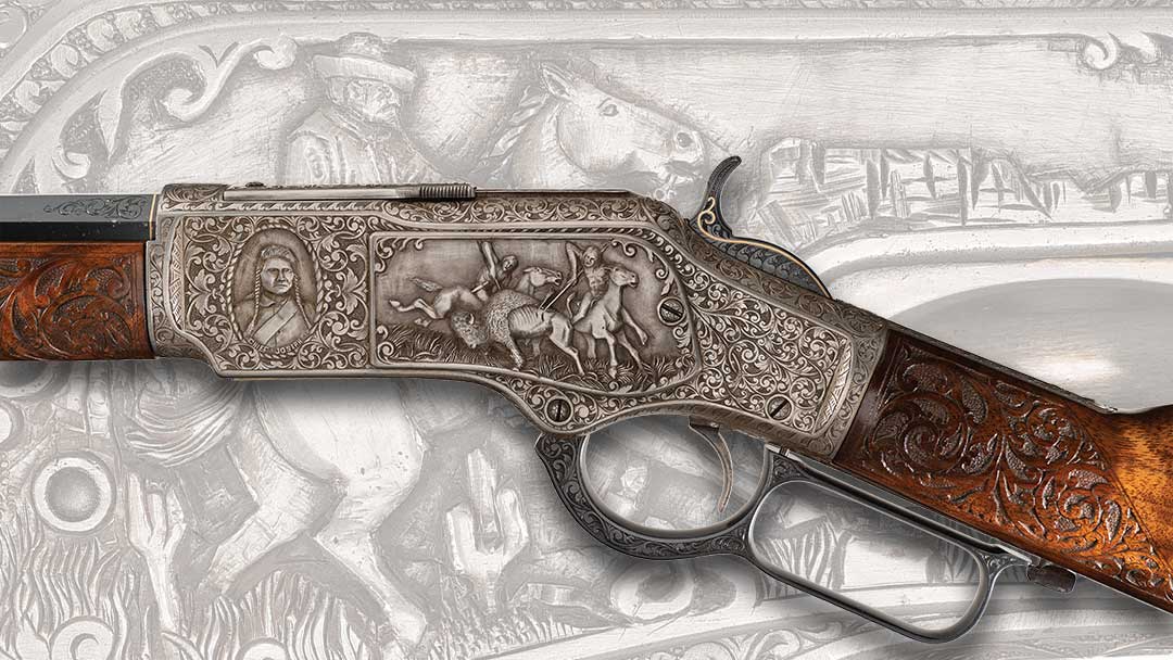 A Richard Roy signed, Wild West panel scene engraved and gold inlaid Winchester Model 1873 lever action rifle.
