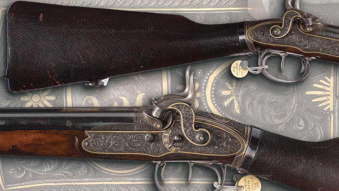 19th-Century--Gold-Inlaid-European-Girardoni-Style-Stock-Reservoir-Double-Barrel-Combination-Air-Gun-and-Percussion-Shotgun