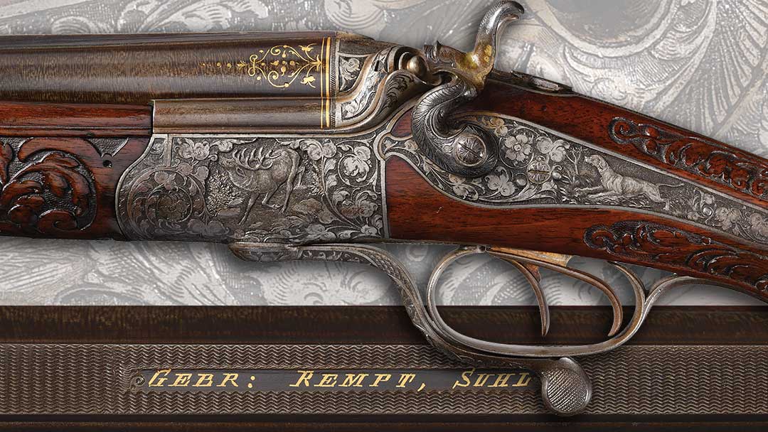 Attractive-Relief-Chiseled-Game-Scene-and-Gold-Inlaid-Gebruder-Rempt-Over-Under-Combination-Gun