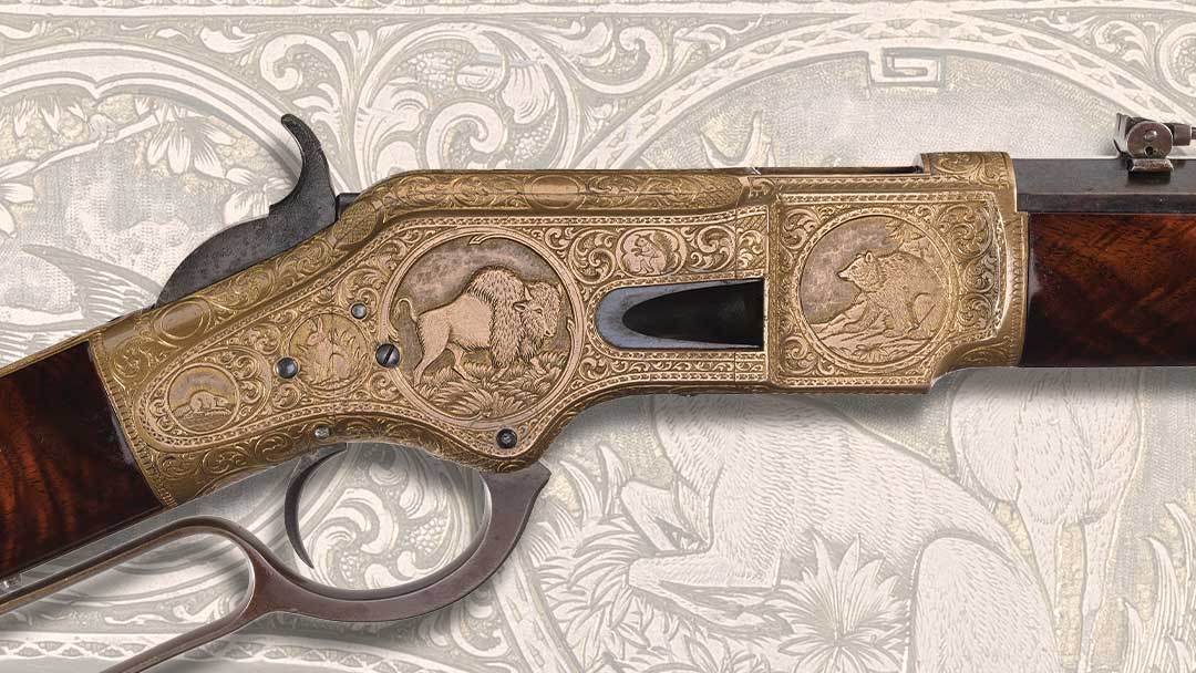 Conrad Ulrich Attributed Master Factory Engraved and Gold Plated Winchester Model 1866 Rifle