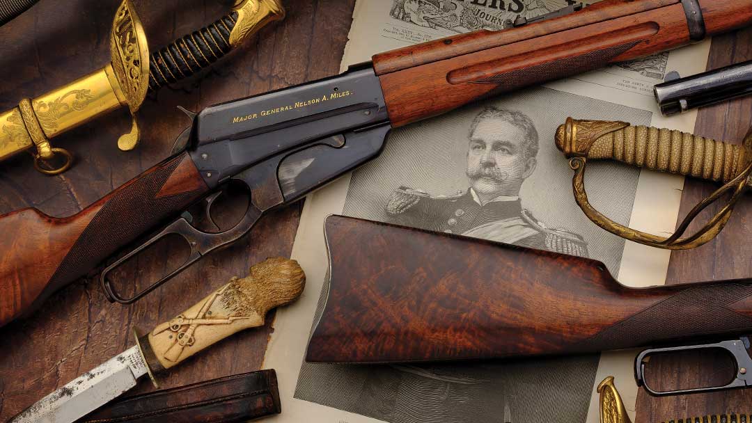 Winchester-Model-1895-Lever-Action-Saddle-Ring-Carbine-with-Factory-Gold-Inlaid-Inscription-and-Presentation-Silver-Plaque-Inscribed-to-Medal-of-Honor-Recipient-Major-General-Nelson-A.-Miles-from-Captain-J.R.-Hegeman