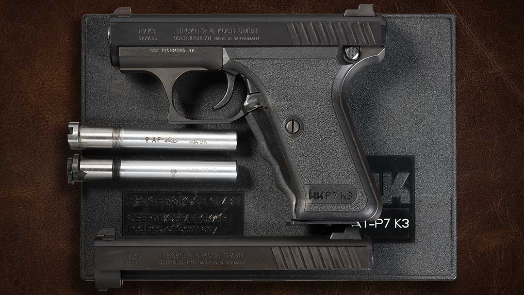 A-rare-Heckler--and-Koch-P7-K3-Semi-Automatic-Pistol-with-.22-LR-and-7.65mm-Conversion-Kit