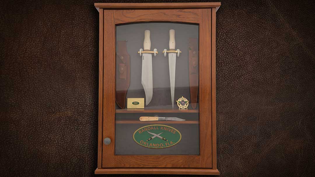 Cased-Display-of-Two-Randall-Knives-with-Paraphernalia-and-a-pocket-Bowie-Knife