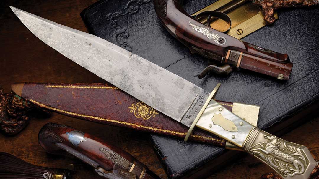 Exceptional-Woodhead---Hartley-Sheffield-Etched-Blade-Half-Horse-Half-Alligator-American-Bowie-Knife-with-Pearl-Grips-and-Scabbard