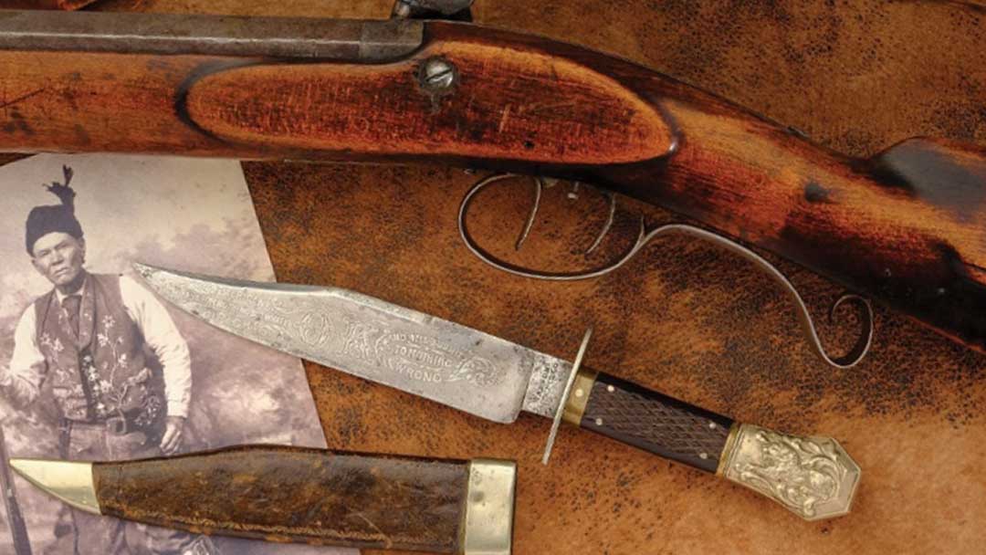 manson-sheffield-etched-blade-bowie-knife-with-scabbard-and-Hawken-Rifle