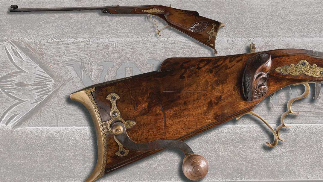 Unique-19th-Century-Relief-Carved--Engraved-and-Silver-Inlaid-Bellows-Crank-Handle-Tip-Up-Barrel-Air-Gun-by-P.-Volkmann-of-Vienna--Austria