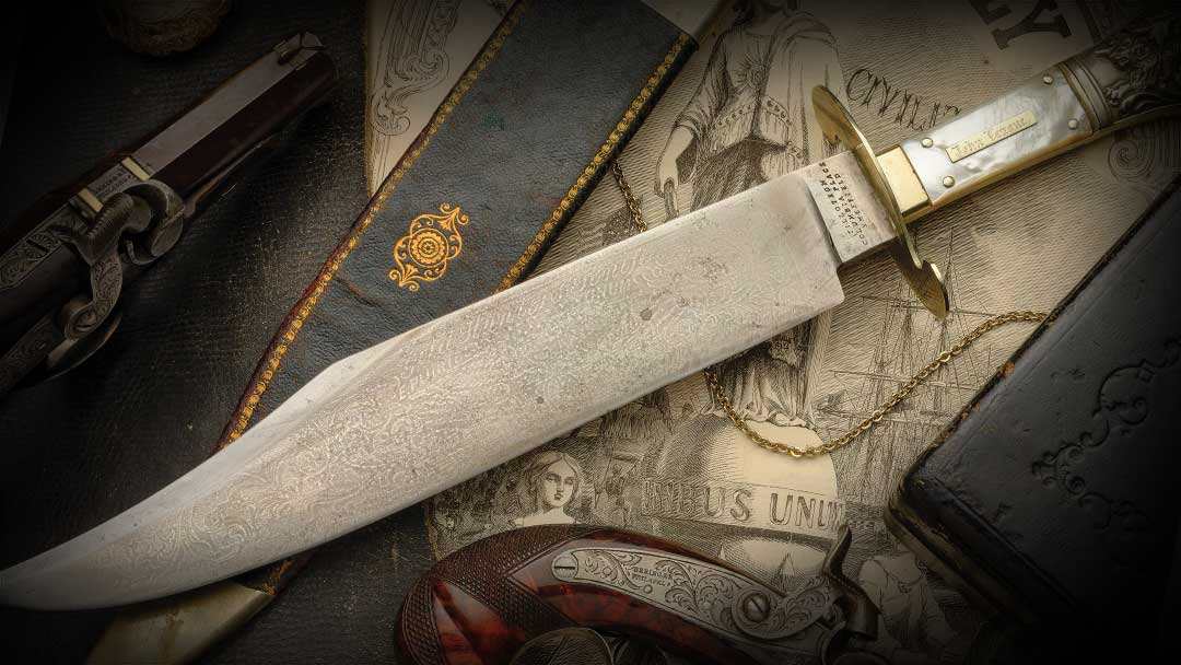 Attractive-and-Rare-Tillotson-Sheffield-Patriotic-Gold-Hunters-Knife-Etched-Bowie-Knife-Inscribed-to-John-Teague-with-Pearl-Grips-and-Sheath