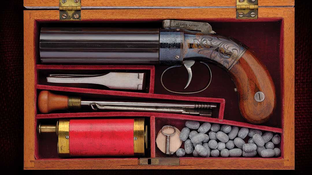 Exceptional-cased-and-factor-engraved-Allen-and-Thurber-Percussion-Pepperbox-revolver-Greg-Lampe-Collection