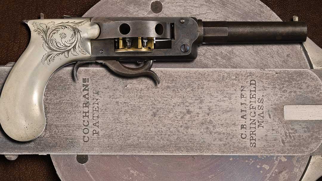 Extremely-Rare-Serial-Number-Cochran-Patent-Under-Hammer-Percussion-Turret-Revolver-with-Factory-Engraved-German-Silver-Grip