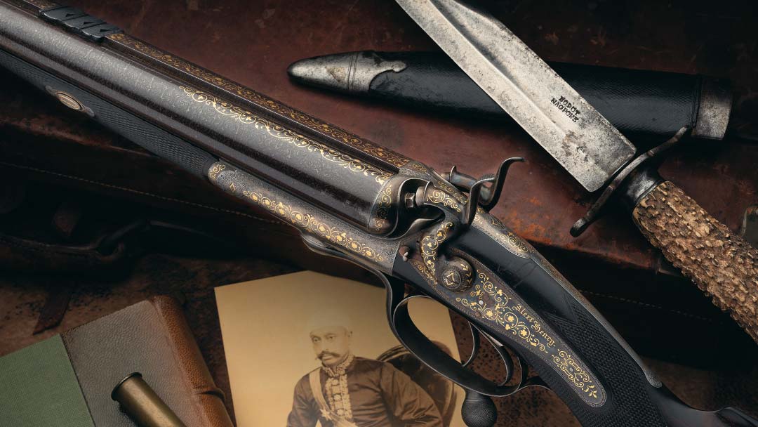 Cased-Engraved-and-Gold-Inlaid-Alexander-Henry-577-Black-Powder-Express-Jones-Underlever-Double-Barrel-Rifle-Owned-by-Prime-Minister-Salar-Jung-of-Hyderabad