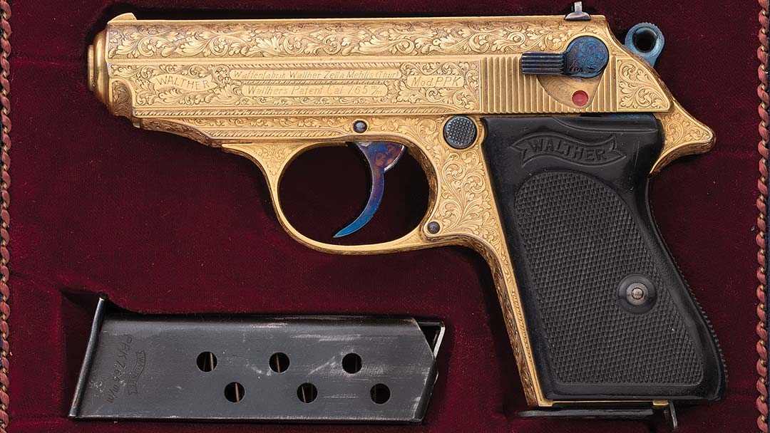 Gold-Finished-World-War-II-Walther-PPK-Semi-Automatic-Pistol-with-Two-Matching-Magazines-and-Case