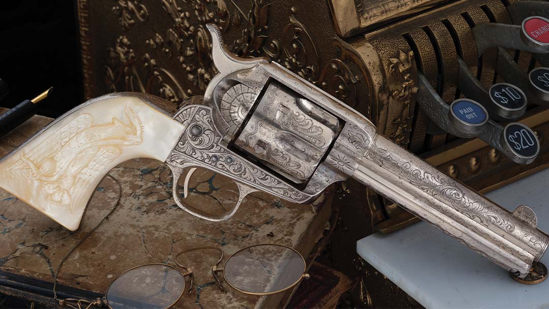 Documented-Factory-Engraved-Etched-Panel-Colt-Frontier-Six-Shooter-Single-Action-Army-Revolver-with-Highly-Attractive-Relief-Carved-Mexican-Eagle-Pearl-Grip-and-Factory-Letter