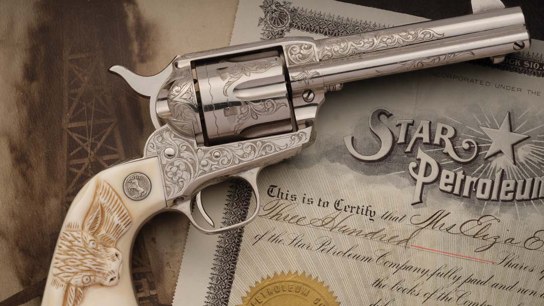 Fort-Worth-Texas-Shipped-Glahn-Factory-Engraved-First-Generation-Colt-Single-Action-Army-Revolver-with-Relief-Carved-Steer-Head-Grips
