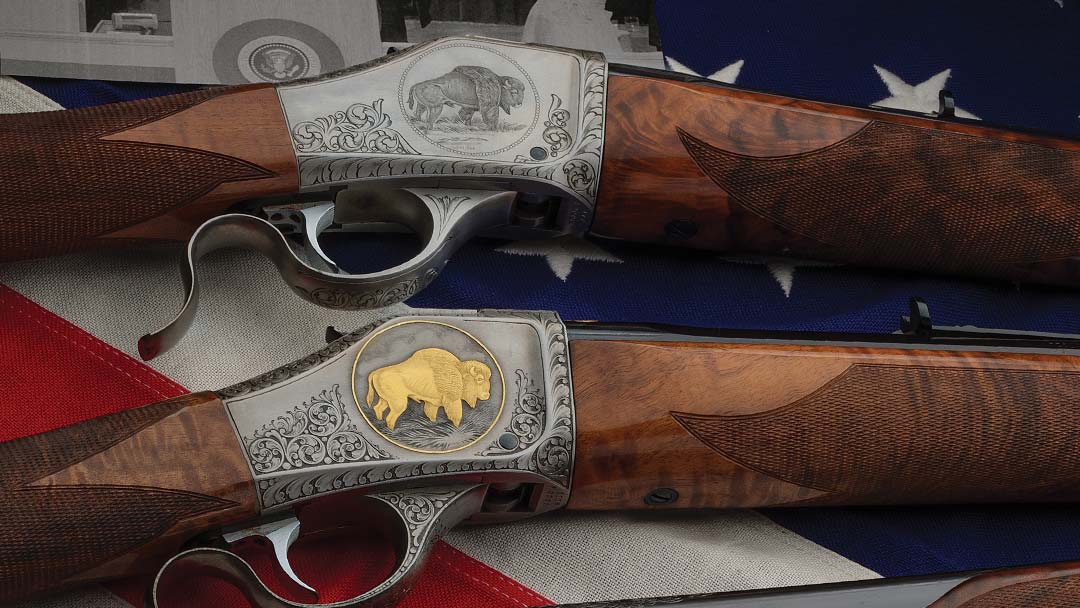 Master-Game-Scene-Engraved-and-Signed-Pair-of-Browning-Model-1885-Bicentennial-Single-Shot-Rifles-Presented-to-President-Gerald-R.-Ford-Jr.-with-Case