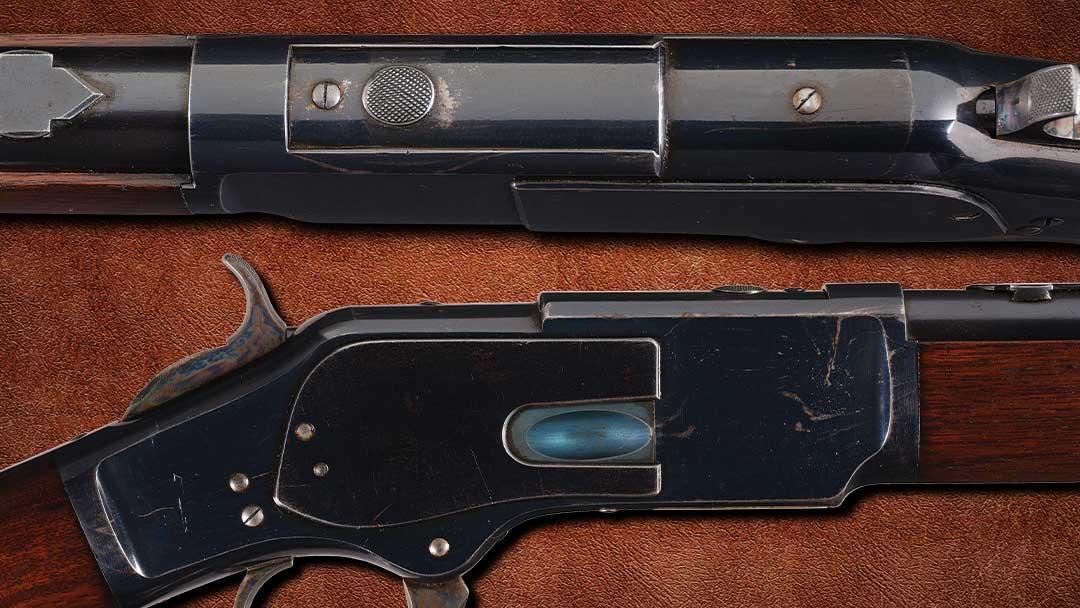 Early-Production-Raised-Thumbprint-Dust-Cover-Hand-Engraved-Three-Digit-Serial-Number-730-Winchester-First-Model-1873-Lever-Action-Rifle