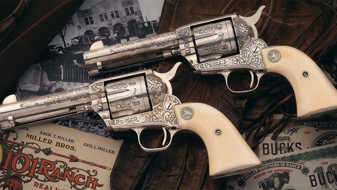 Historic-101-Ranch-Associated-Documented-Pair-of-Factory-Engraved-Silver-Plated-First-Generation-Colt-Single-Action-Frontier-Six-Shooter-Single-Action-Army-Revolvers-with-Relief-Carved-Steer-Head-Grips